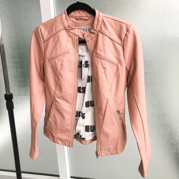 Guess faux leather moto jacket in dusty pink